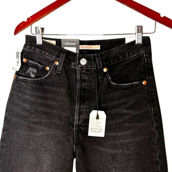 Levi's Women's Ribcage Black Destructed Straight Ankle Jeans- Size 27 - Picture 7 of 16